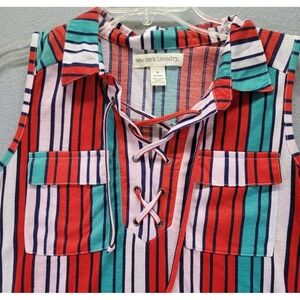 New York Laundry Sleeveless Lace Up Blouse Womens Size Medium Boho Beach Striped